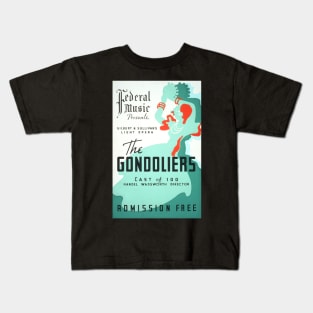 The Gondoliers vintage screen print in turquoise, white, and orange, 1937: Retro theatre poster, cleaned and restored Kids T-Shirt